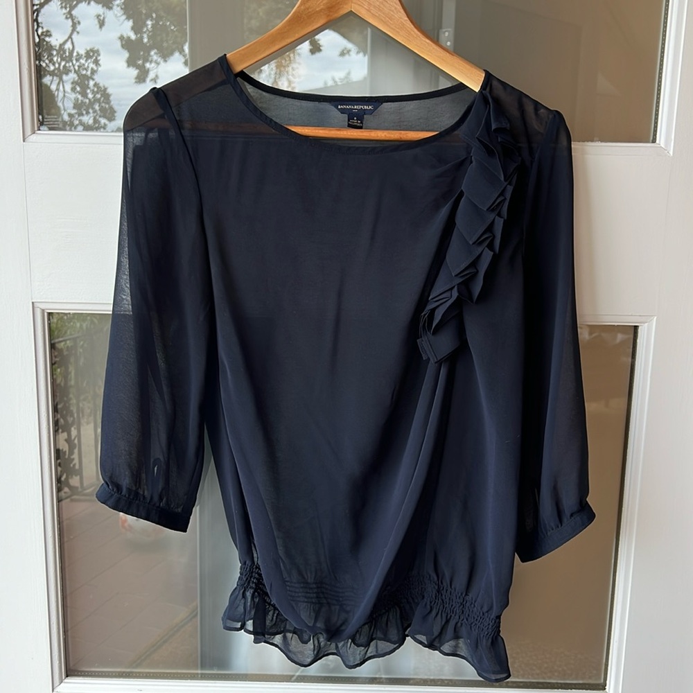 Banana Republic Sheer Navy Ruffle Blouse